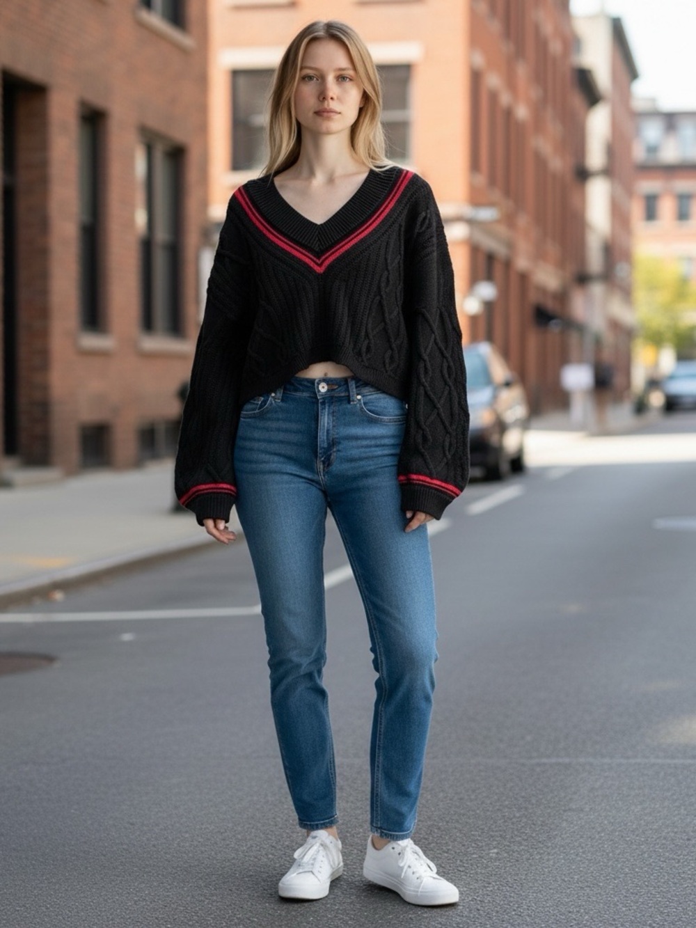 Cable Knit KOTN 100% Egyptian Cotton Medium Black with red V neck Crop sweater